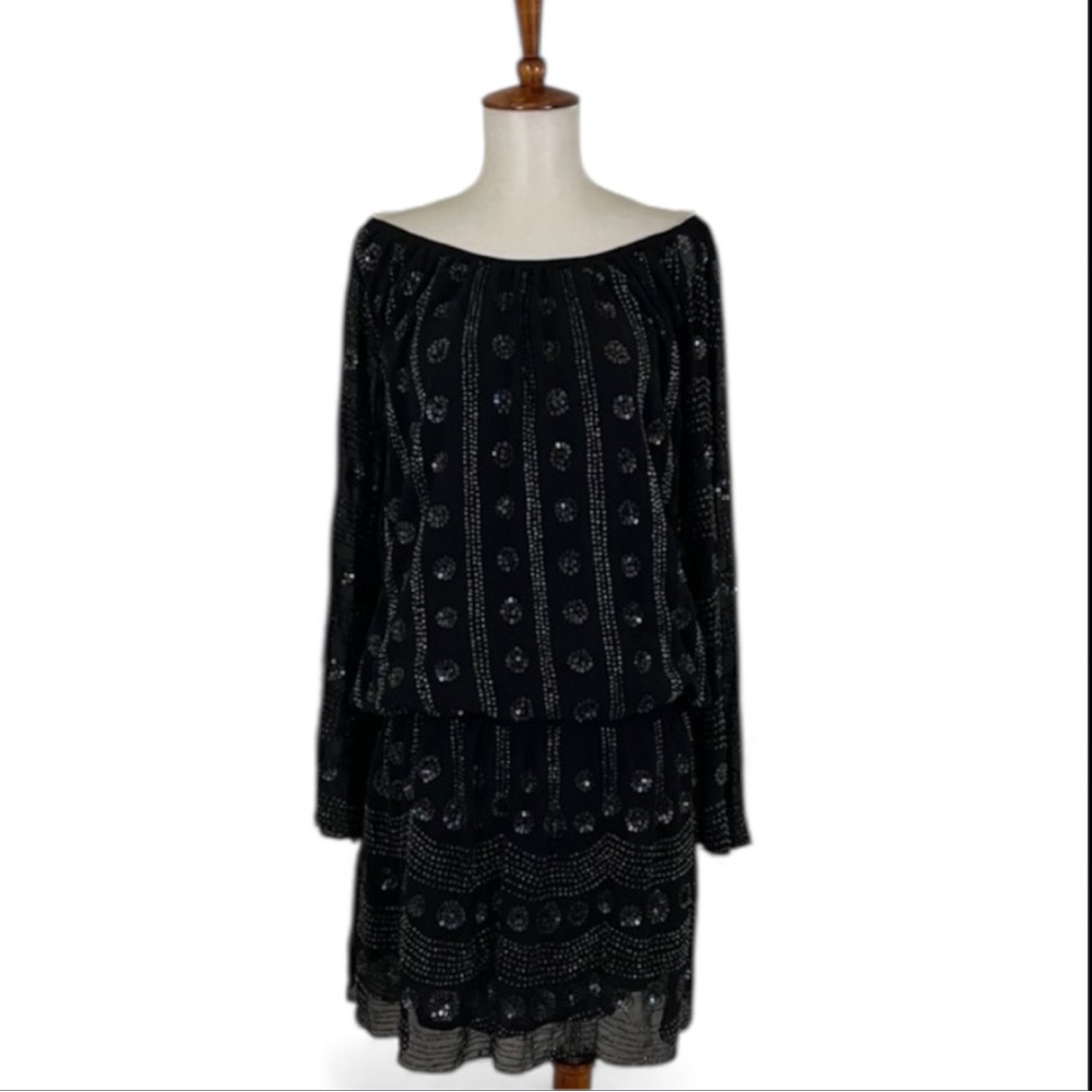 Muche et Muchette Orchidee Dress Women’s L Black Long Sleeve Sequin Drop Waist‎